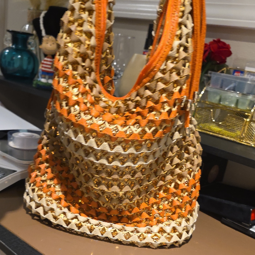 Woven Orange and Cream Shoulder Bag with Gold Accents